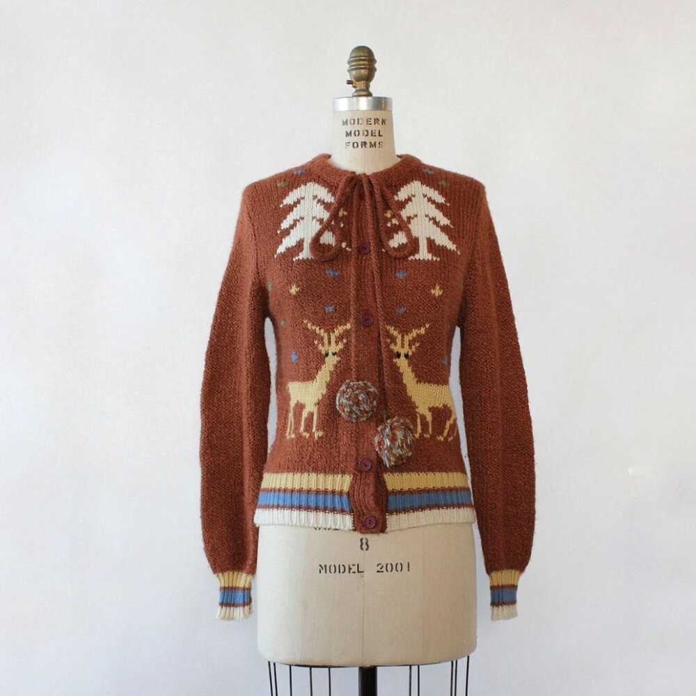 Vintage Pom Pom Reindeer Christmas Sweater Cardigan - Small